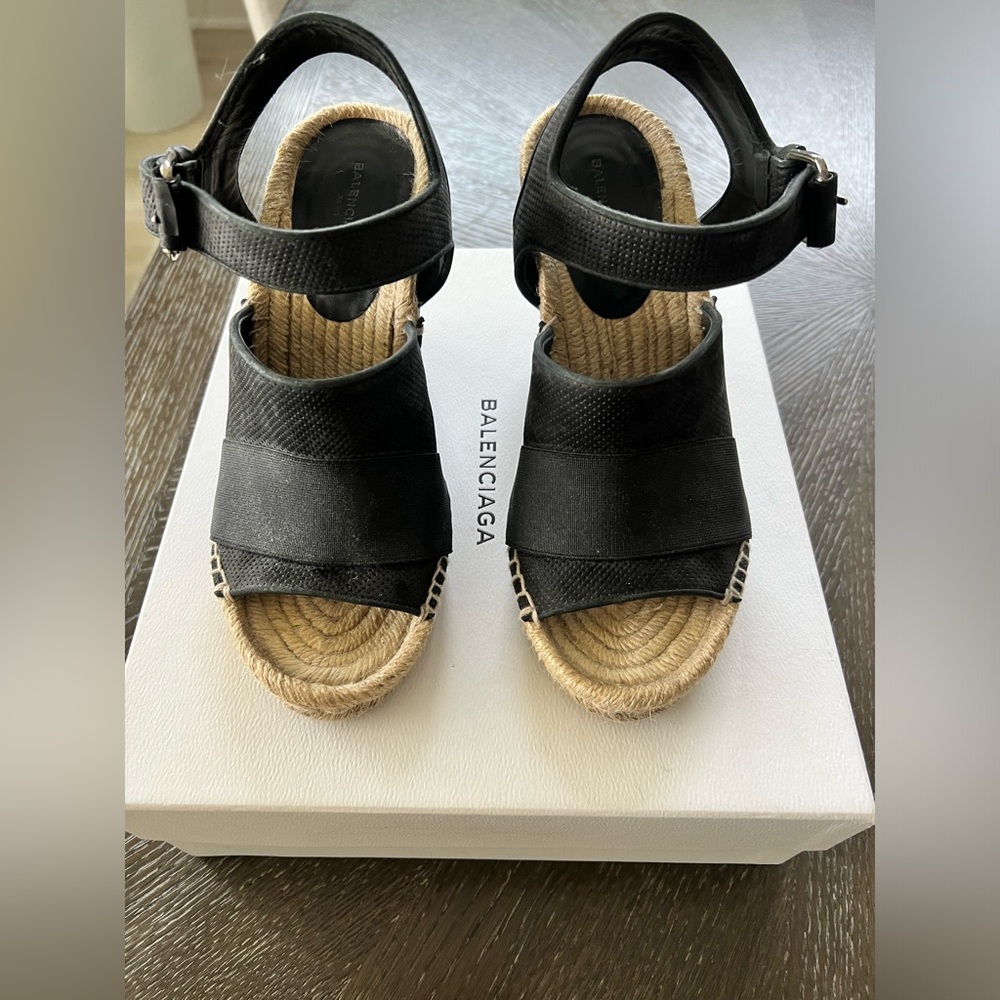 Balenciaga Black Wedge Espadrille Sandals with Ankle Buckle - Picture 3 of 9
